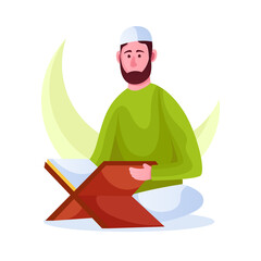 Muslim man reading holy Quran illustration vector. Muslim people Recitation Quran when Ramadan month or fasting month