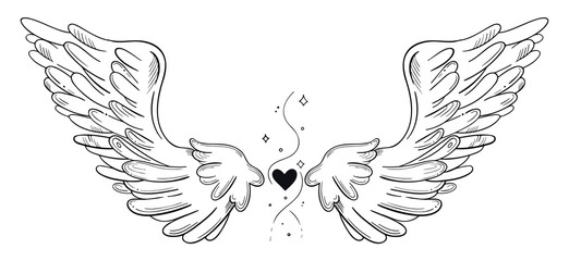 Hand drawn line art illustration. Detailed outline drawings. Templates for coloring books, tattoos, stickers, prints. Trendy black and white vector illustration with angel wings, heart, swirls.
