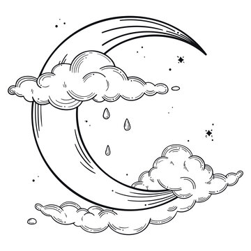 recommend clip art: Hand drawn line art illustration. Detailed outline drawings. Templates for coloring books, tattoos, stickers, prints. Trendy black and white vector illustration with crescent moon, clouds, stars, drop