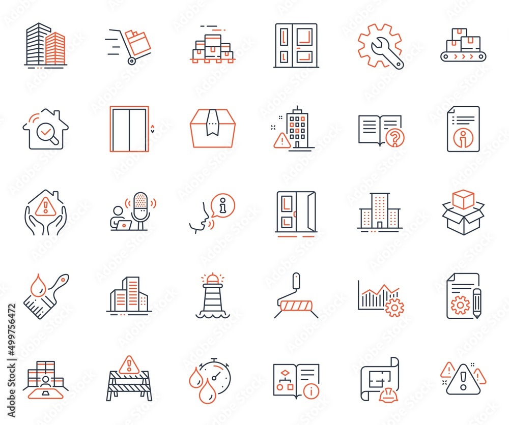 Poster industrial icons set. included icon as documentation, engineering plan and open door web elements. b