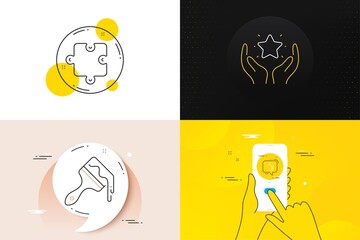 Minimal set of Like, Puzzle and Ranking line icons. Phone screen, Quote banners. Brush icons. For web development. Thumbs up, Puzzle piece, Hold star. Art brush. Like line icon. Vector
