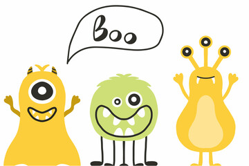 Hand-drawn poster with cute monsters. Doodle style. Vector illustration in scandinavian style. Children's illustration with monsters.