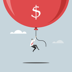 Conceptual illustration of a businessman flying high with a inflated balloon - obrazy, fototapety, plakaty