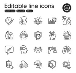 Set of Medical outline icons. Contains icons as Vaccine message, Clean hands and Shield elements. Face declined, Lungs, Stress web signs. Weariness, Coronavirus vaccine, Serum oil elements. Vector