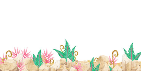 collection of watercolor illustration (prehistoric landscape) with place for text on isolated background (for designing web banners, greeting cards, printing on various objects, etc.)