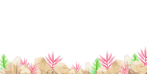 collection of watercolor illustration (prehistoric landscape) with place for text on isolated background (for designing web banners, greeting cards, printing on various objects, etc.)