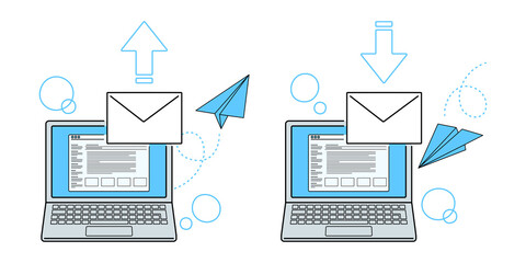 ノートパソコンでメールを送信するイラスト. ノートパソコンでメールを受信するイラスト. ベクターイラストのセット. 線画, アウトラインあり.