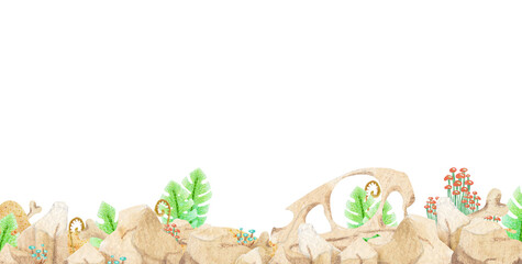 collection of watercolor illustration (prehistoric landscape) with place for text on isolated background (for designing web banners, greeting cards, printing on various objects, etc.)