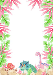 collection of watercolor frame (cute dinosaurs and tropical vegetation) with place for text  on isolated background (for designing web banners, greeting cards, printing on various objects, etc.)