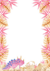 Fototapeta na wymiar collection of watercolor frame (cute pink dinosaurs) with place for text on isolated background (for designing social media, greeting cards, postcards, printing on objects, etc.)