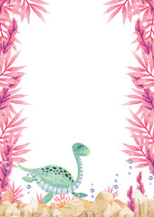 collection of watercolor frame (cute turquoise dinosaurs) with place for text on isolated background (for designing social media, greeting cards, postcards, printing on  objects, etc.)