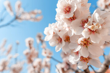Flowers of the almond tree against blue sky on sunny day. Beautiful nature scene with blooming tree and blue sky. Spring flowers. Beautiful Orchard. Springtime