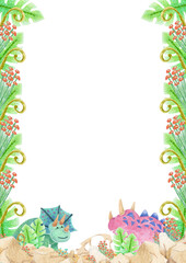 collection of watercolor frame (cute turquoise and pink dinosaurs) with place for text on isolated background (for designing social media, greeting cards, postcards, printing on  objects, etc.)