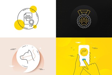 Minimal set of Dog leash, Lightweight and Dog competition line icons. Phone screen, Quote banners. For web development. Feather nib, Winner medal, Winner award. Dog leash line icon. Vector