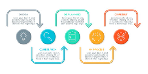 5 step infographic template with business icons. Process, presentation, timeline info graphic 3d design with circle elements and arrows. Vector illustration.
