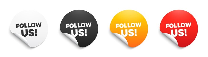Follow us text. Round sticker badge with offer. Special offer sign. Super offer symbol. Paper label banner. Follow us adhesive tag. Vector