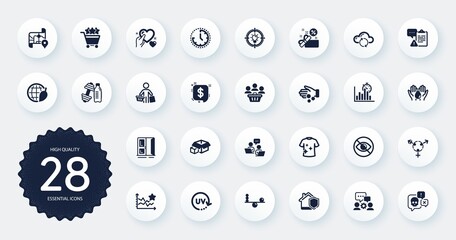 Set of Business icons, such as Home insurance, Sale and Shopping rating flat icons. Hold heart, Clipboard, Engineering team web elements. Map, Time, Buyers signs. Clean t-shirt. Circle buttons. Vector