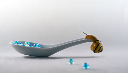 A little snail is trying to lift a spoon filled with crystal beads by using its body weight © WCPW PHOTOGRAPHY