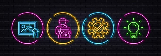 Service, Upload photo and Delivery discount minimal line icons. Neon laser 3d lights. Light bulb icons. For web, application, printing. Cogwheel gear, Image placeholder, Courier. Lamp energy. Vector