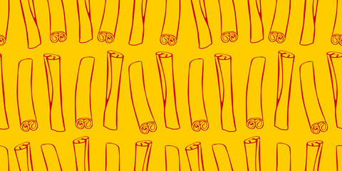 Vector seamless pattern of contour cinnamon stick in doodle style. Texture with seasoning, spice, ingredient