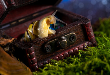A cute snail guards a treasure box it found