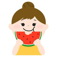 夏休みにかわいい女の子がおいしそうにスイカを食べているイラスト。
