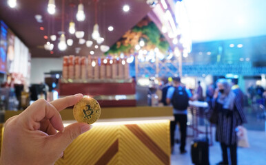 Bitcoins New Virtual money concept in crypto wallet app which travel pay buy during travel holiday