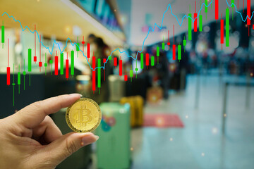 Bitcoins New Virtual money concept in crypto wallet app which travel pay buy during travel holiday