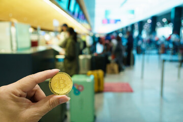 Bitcoins New Virtual money concept in crypto wallet app which travel pay buy during travel holiday
