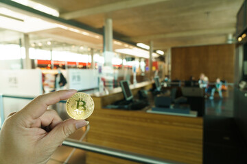 Bitcoins New Virtual money concept in crypto wallet app which travel pay buy during travel holiday