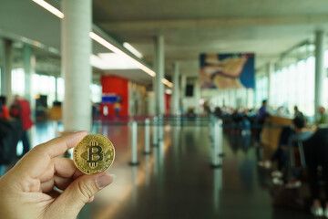 Bitcoins New Virtual money concept in crypto wallet app which travel pay buy during travel holiday