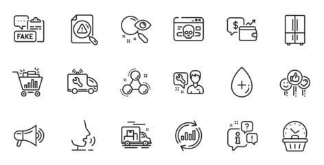 Outline set of Update data, Seo shopping and Fake document line icons for web application. Talk, information, delivery truck outline icon. Include Oil serum, Search, Last minute icons. Vector