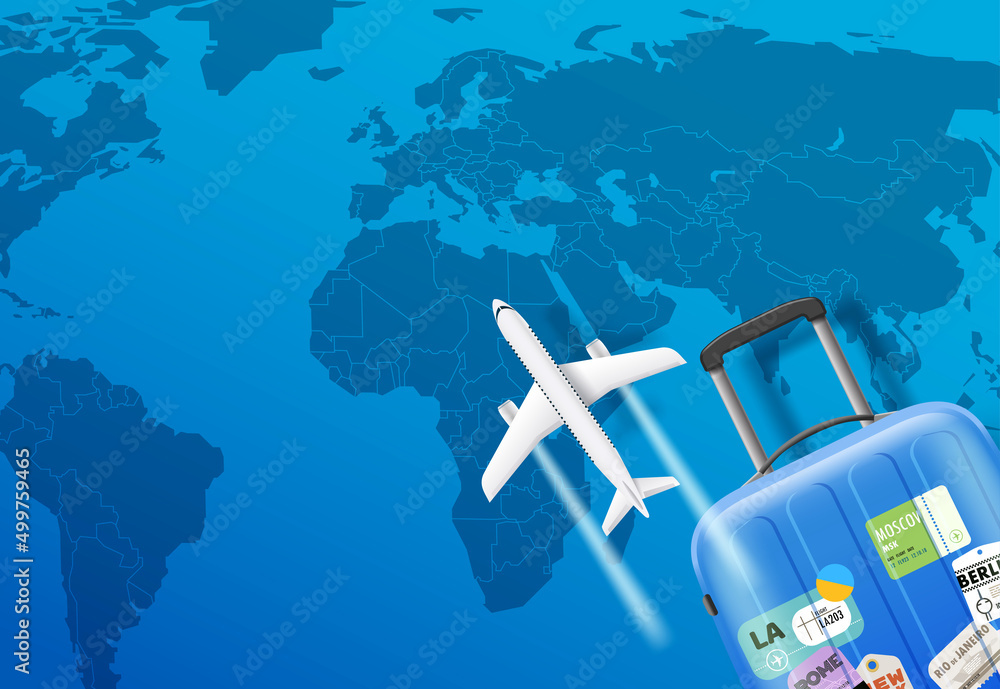 Aufkleber world migration concept with travel elements. vector banner with copy space