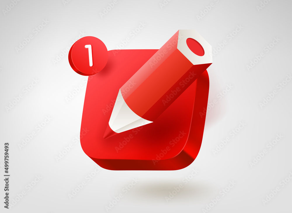 Poster Red crayon on red button. 3d vector mobile application icon