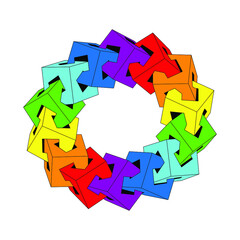Cubes connected in a chain. Intellectual creative task. Volumetric symbol of logic. Colored vector graphics. Colors of rainbow.