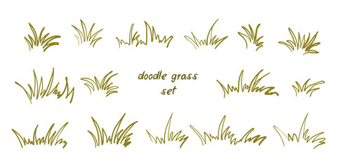 Fototapeta na wymiar Hand drawn grass silhouette collection. Lawn bush of grass in sketch doodle style. Vector illustration