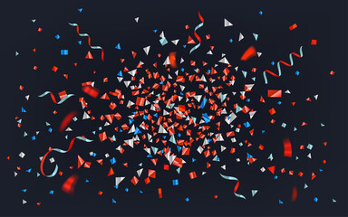 Blue, silver and red foil confetti explosionю Vector background