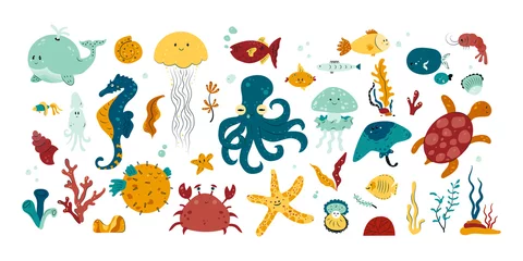 Cercles muraux Vie marine Cute sea creatures and underwater animals set. Water turtle, whale, octopus, jellyfish, crab and colorful fish. Marine life elements. Color flat vector illustration