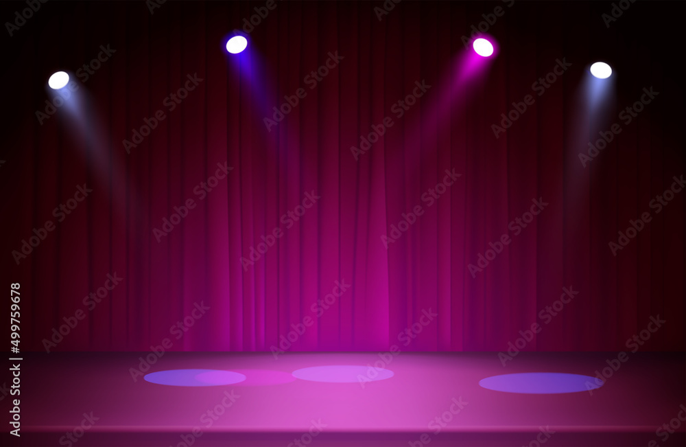 Poster illuminated dark stage with colorful projectors