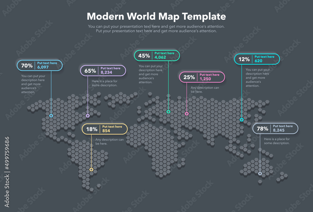 Poster Modern world map template with colorful pointer marks and statistics - dark version. Easy to use for your design or presentation.