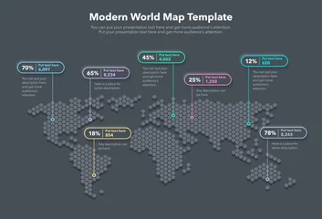 Poster Modern world map template with colorful pointer marks and statistics - dark version. Easy to use for your design or presentation. © tomasknopp