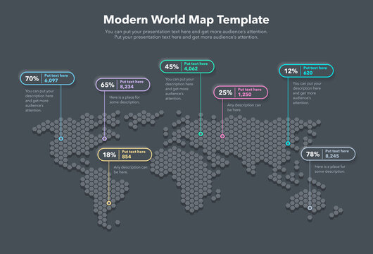 Modern world map template with colorful pointer marks and statistics - dark version. Easy to use for your design or presentation.