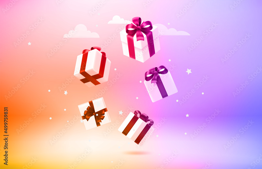 Poster Anniversary concept with gift boxes. 3d vector objects with levitation effect