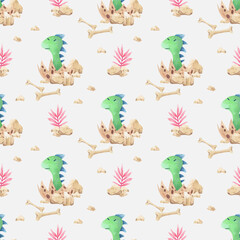 Collection of watercolor seamless patterns with cute green dinosaurs. For greeting cards, stationery, wrapping paper, wallpaper, splash screen, social media, etc.