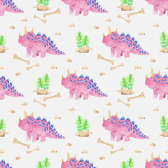 Collection of watercolor seamless patterns with cute pink dinosaurs. For greeting cards, stationery, wrapping paper, wallpaper, splash screen, social media, etc.