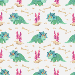 Collection of watercolor seamless patterns with cute turquoise dinosaurs. For greeting cards, stationery, wrapping paper, wallpaper, splash screen, social media, etc.