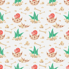 Collection of watercolor seamless patterns with cute red dinosaurs. For greeting cards, stationery, wrapping paper, wallpaper, splash screen, social media, etc.
