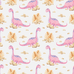 Collection of watercolor seamless patterns with cute pink dinosaurs. For greeting cards, stationery, wrapping paper, wallpaper, splash screen, social media, etc.