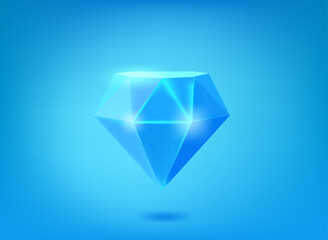 Blue crystal icon on blue background. 3d vector illustration