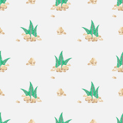 Watercolor seamless patterns with tropical vegetation on isolated background.  For greeting cards, stationery, wrapping paper, wallpaper, splash screen, social media, etc.